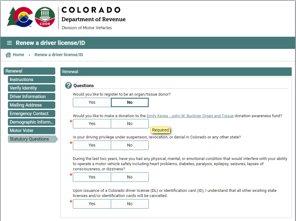 colorado dmv - renewal questions